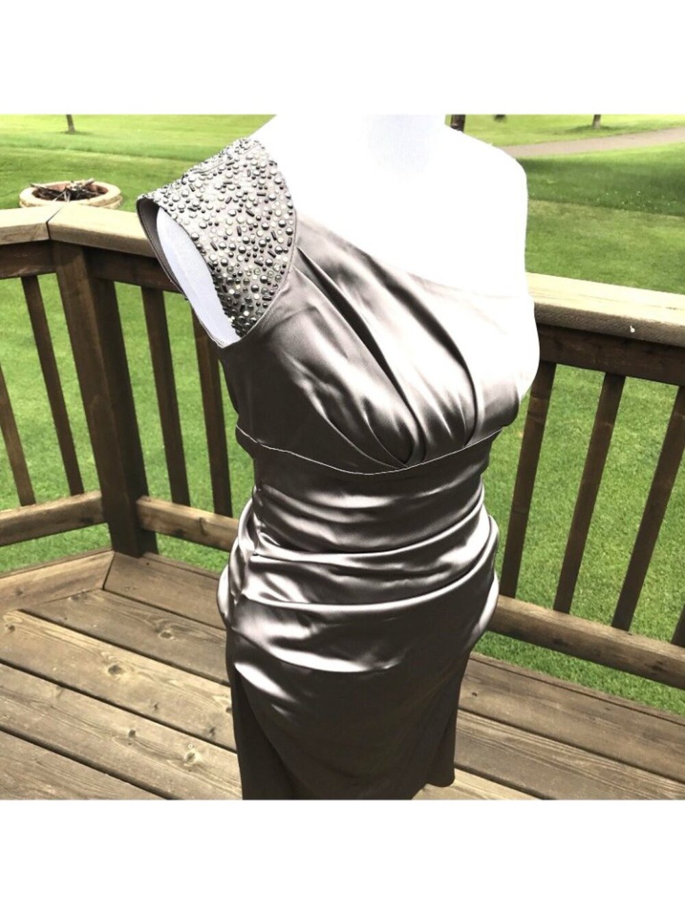 Suzi Chin Maggy One Shoulder Sheath Formal Dress Size 2 Taupe Ruched Embellished - Picture 12 of 12